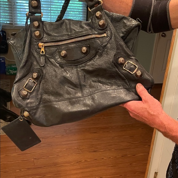 Balenciaga Dark Leather Shoulder Bag with Gold Details - Picture 1 of 15